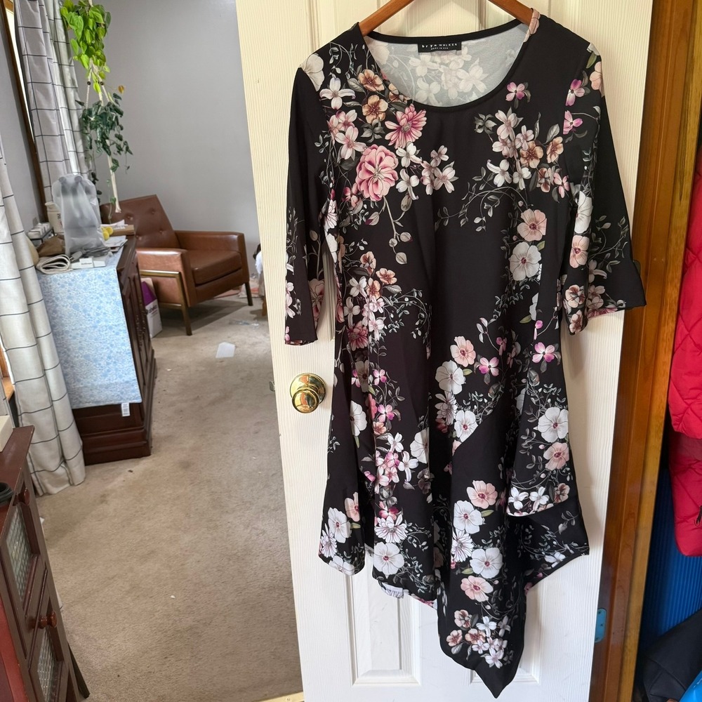 Bryn Walker Small Black Floral Asymmetrical Naida Tunic Dress Italian Fabric 3/4